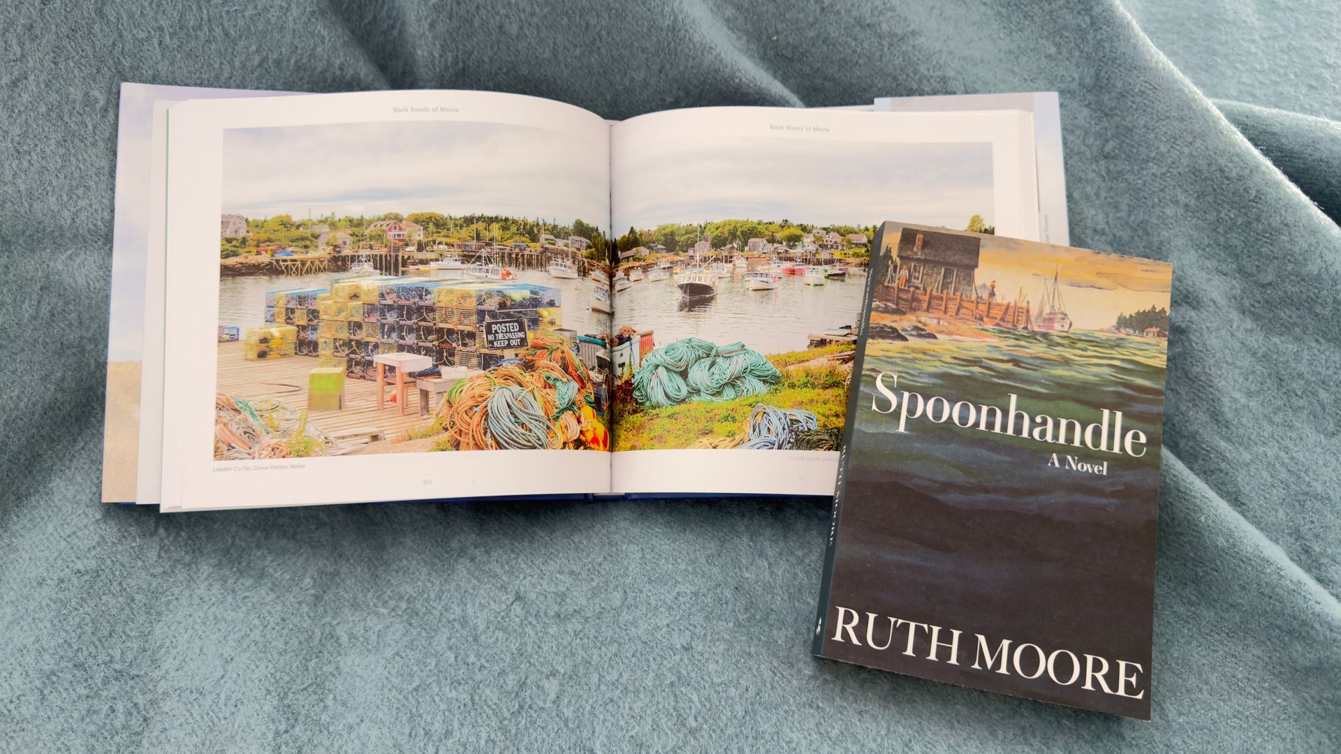 Open book with a colorful landscape illustration beside a book titled “Spoonhandle” by Ruth Moore