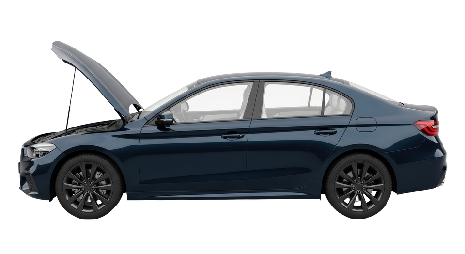 Dark blue sedan with its hood open, shown in side view on a white background
