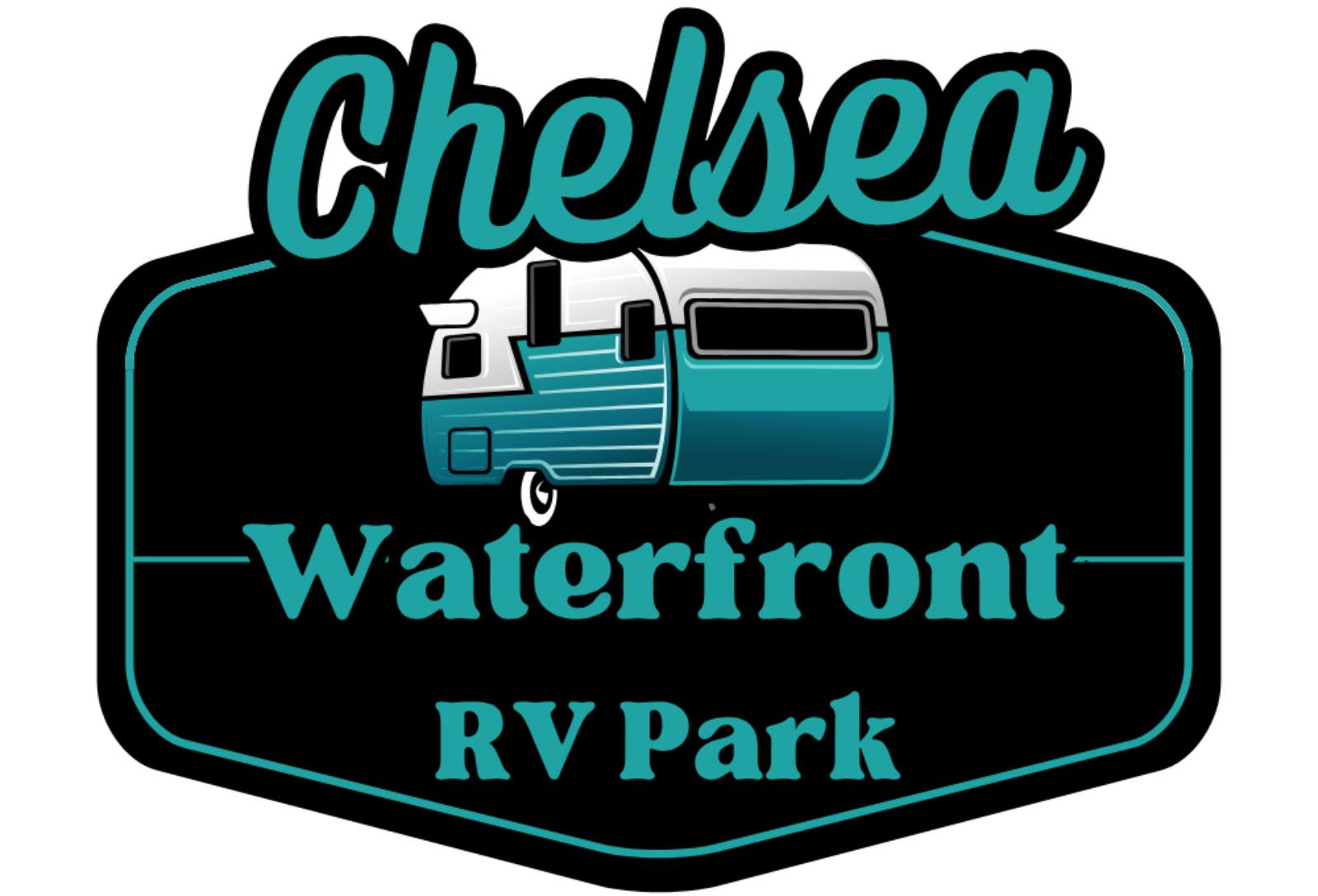Chelsea Waterfront RV Park logo: teal and white camper on black with teal text on a black background.