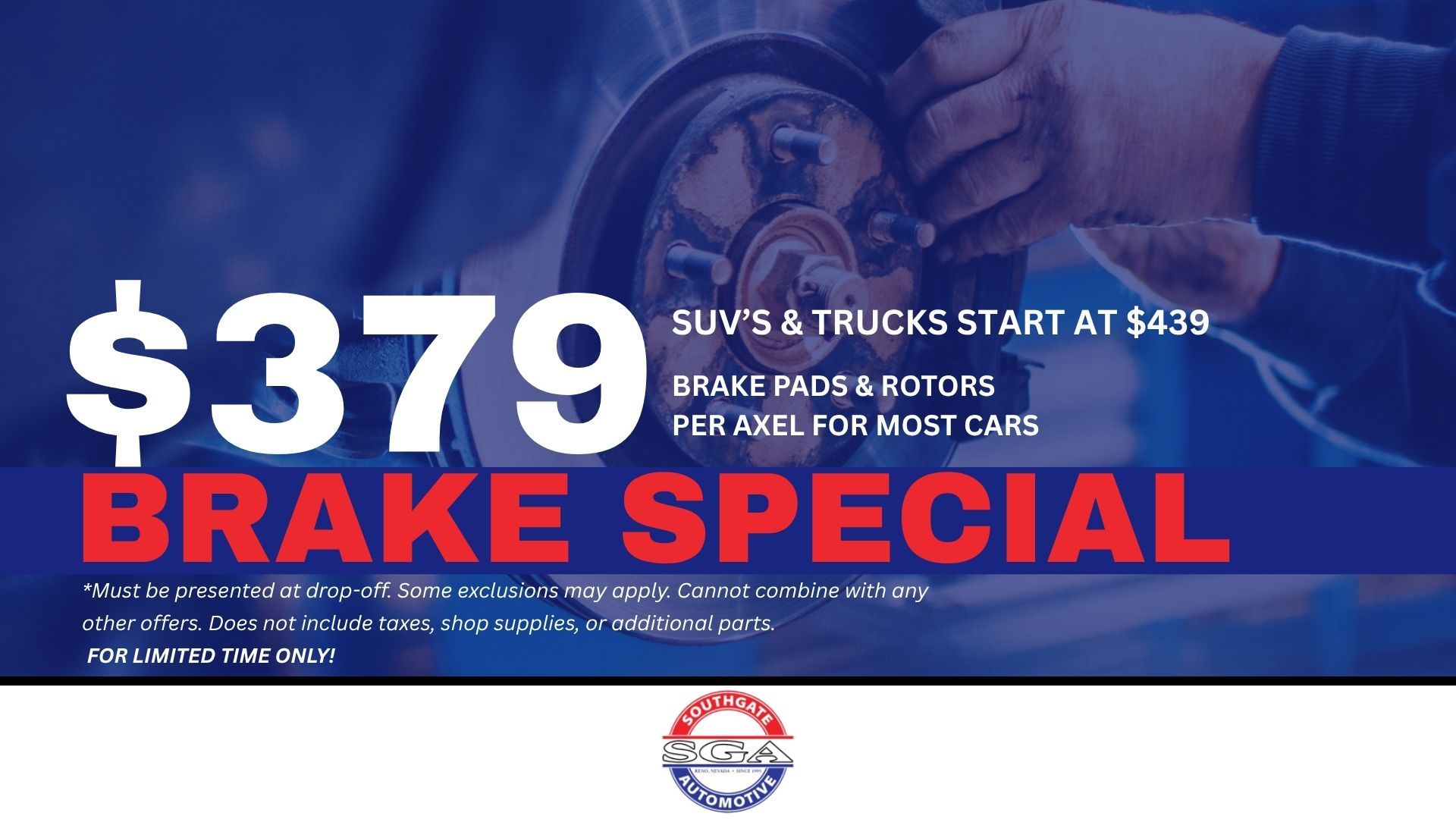 Blue and red brake special ad with $379 price and tire/truck service details