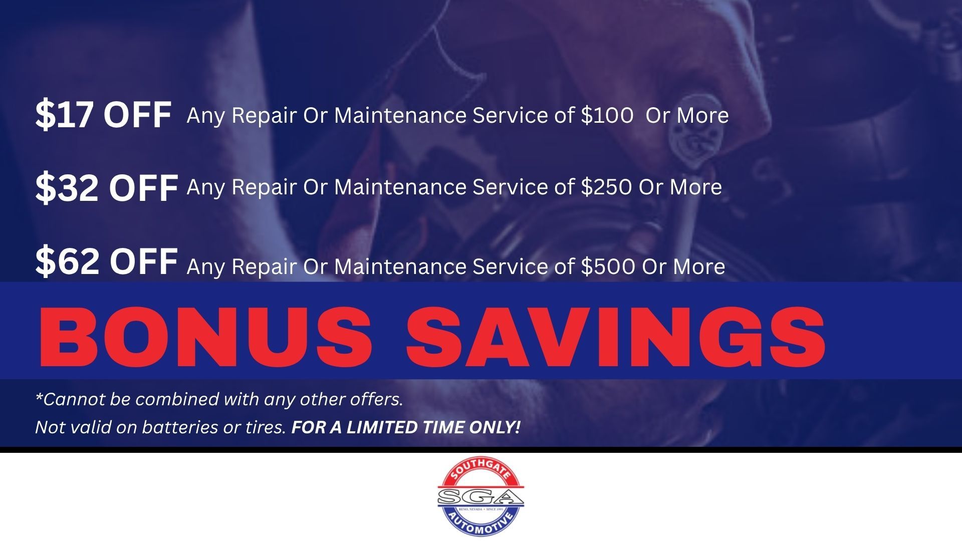 Blue promotional ad for maintenance service discounts, with large red “BONUS SAVINGS” text and logo at bottom