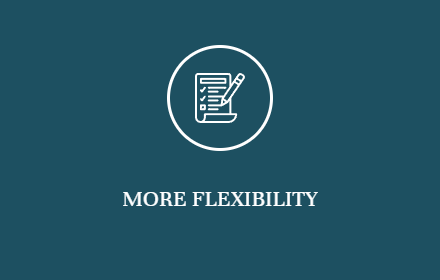 A blue background with the words `` more flexibility '' and an icon of a pencil writing on a piece of paper.