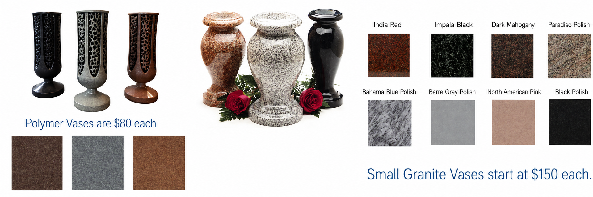Product collage of black and white carved garden urns with square texture swatches and labels