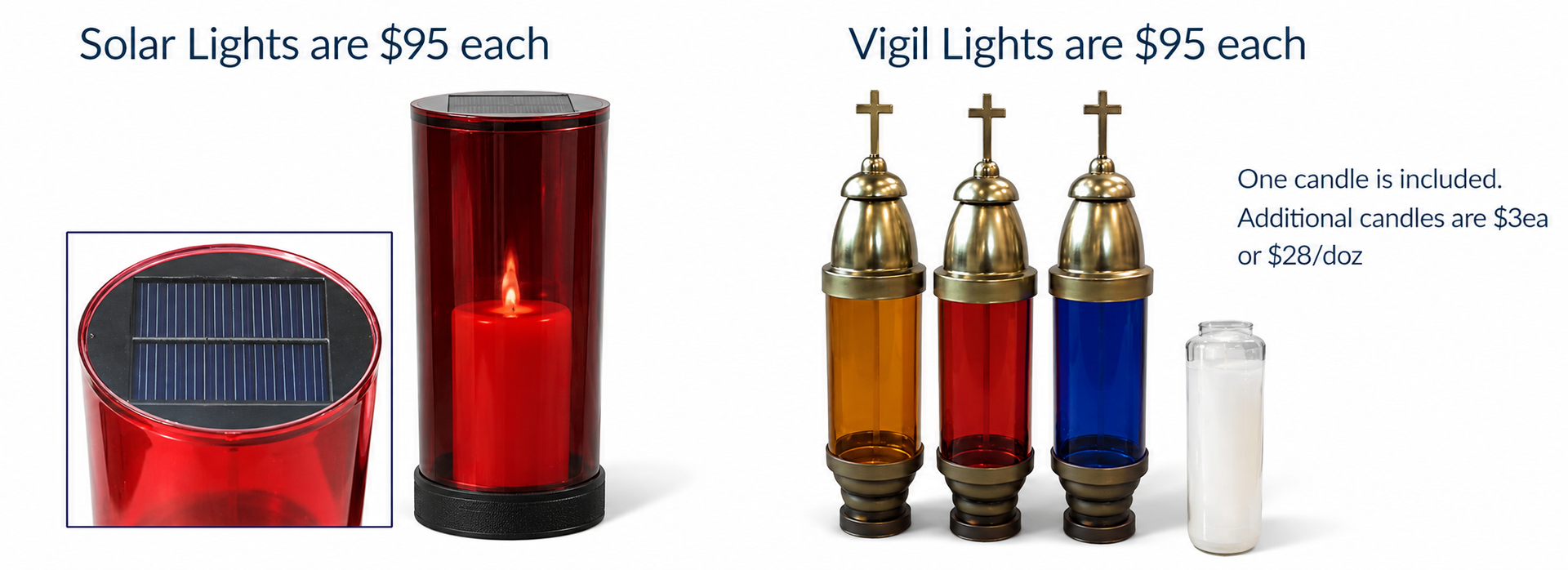 Catalog ad showing solar lights and vigil lights in red, amber, blue, and white jars