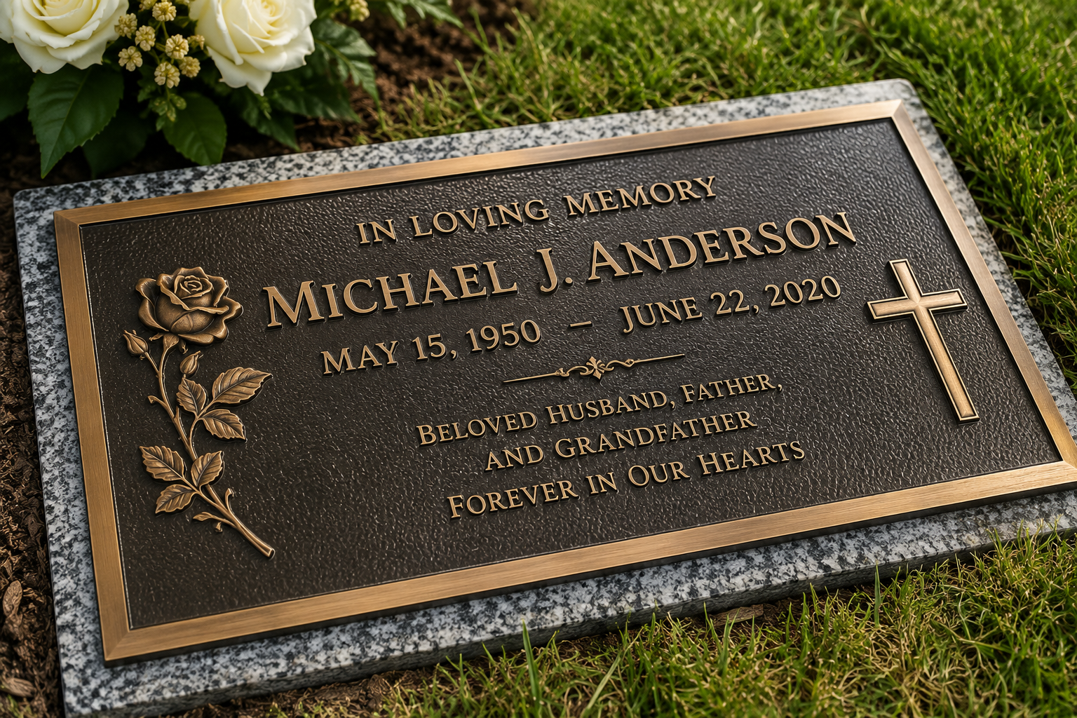 Cemetery with gravestones, red tulips, and a headstone engraved “REST IN PEACE”