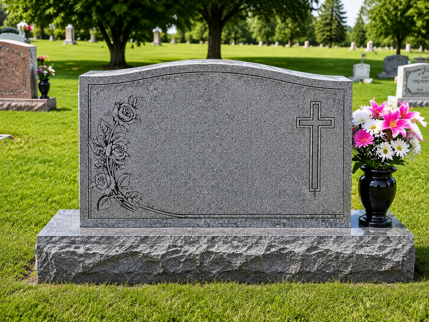 Gray granite gravestone with a cross and pink flowers in a cemetery