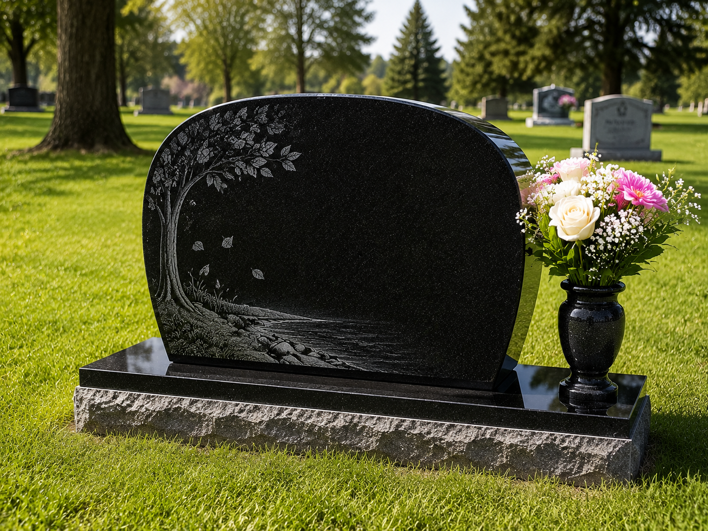 Black granite headstone with flowers on a grave in a sunny cemetery