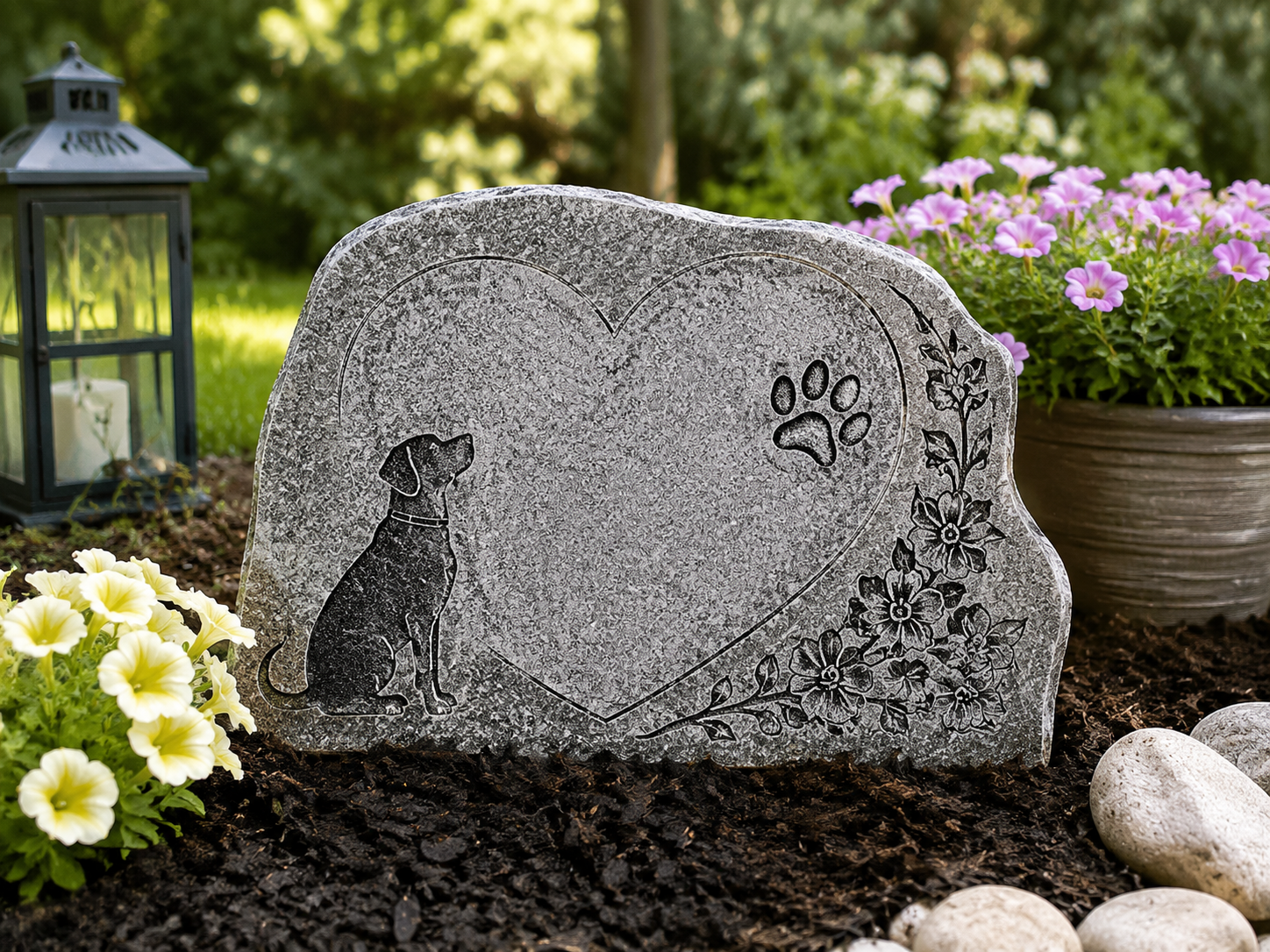 Gray pet memorial stone in a flower bed, with a paw print and lanterns beside blooming flowers