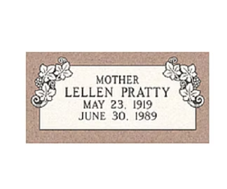 Memorial plaque with flowers reading “MOTHER LELLEN PRATTY, MAY 23, 1919, JUNE 30, 1989”