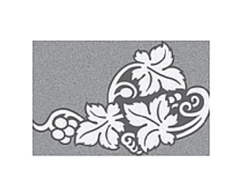 White floral vine and scroll design on a gray textured background