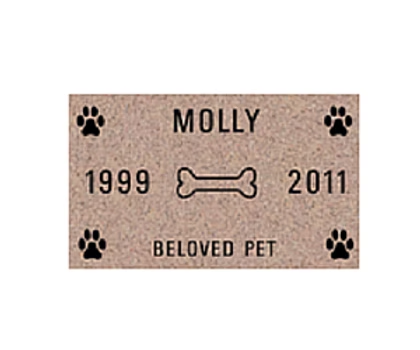 Pet memorial plaque for Molly, with paw prints, bone icon, and dates 1999–2011.