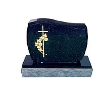 Black granite gravestone with white cross and gold floral design on a gray base