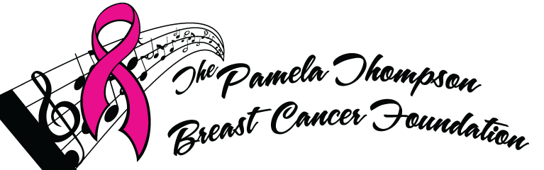 Logo for The Pamela Thompson Breast Cancer Foundation: pink ribbon, musical notes.