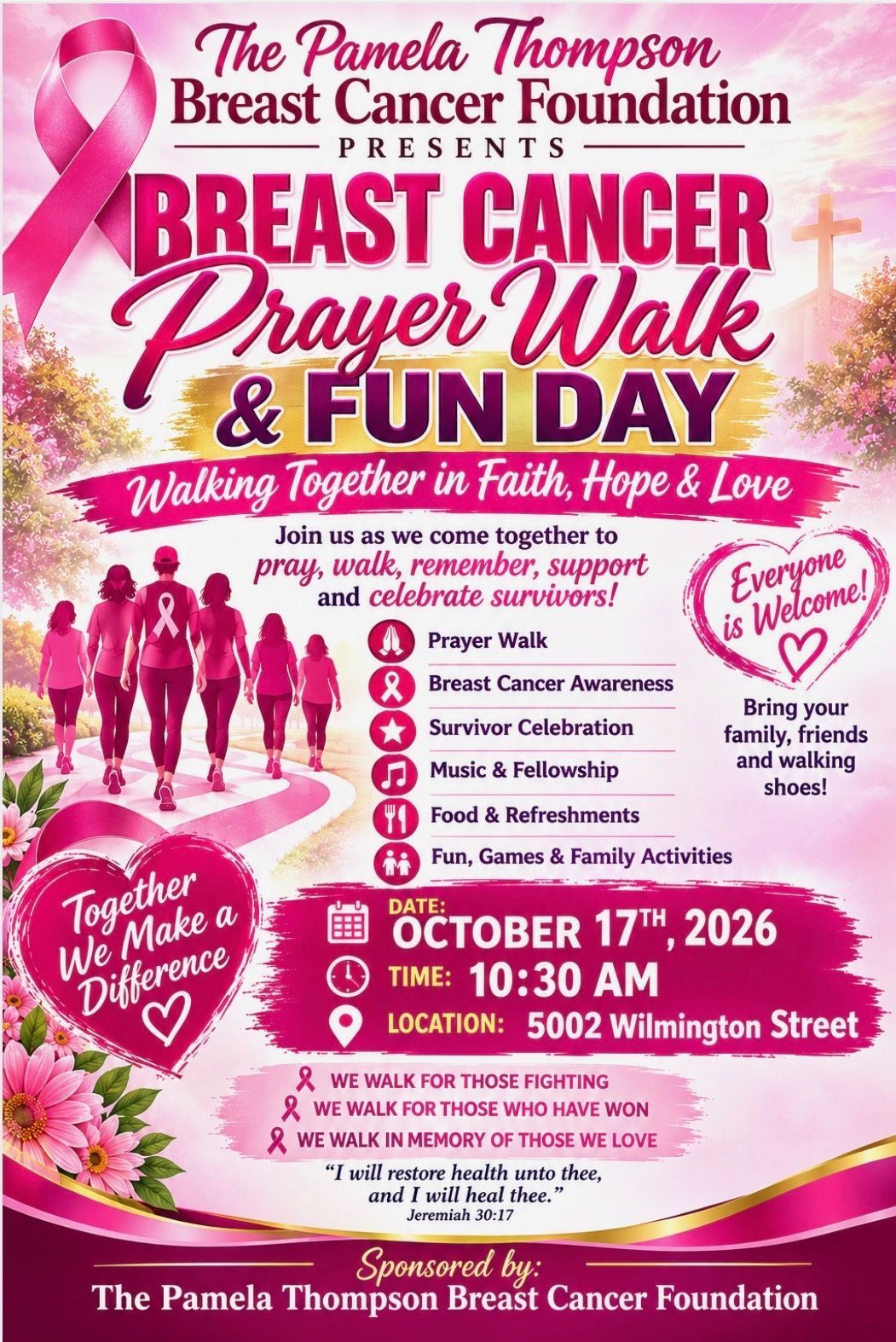 Event flyer for the Breast Cancer Prayer Walk and Fun Day, Saturday, October 17, 2026 at 10:30 AM, 5002 Wilmington Street, presented by The Pamela Thompson Breast Cancer Foundation