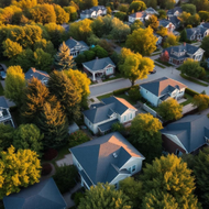 Aerial view of a suburban neighborhood with houses surrounded by dense green and orange trees.