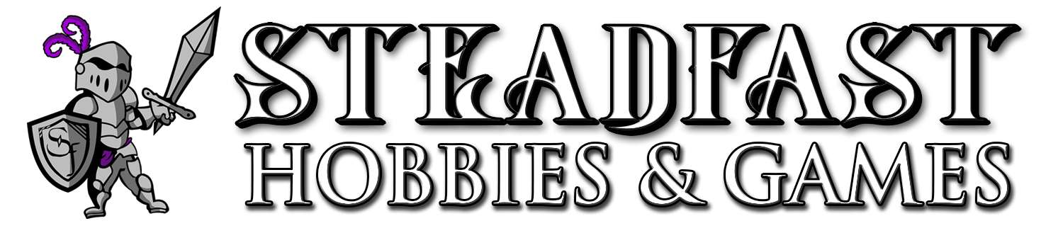 Logo for Steadfast Hobbies & Games featuring a knight with a sword and shield.