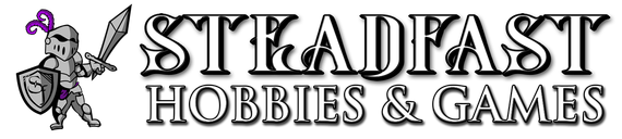 Logo for Steadfast Hobbies & Games featuring a knight with a sword and shield.