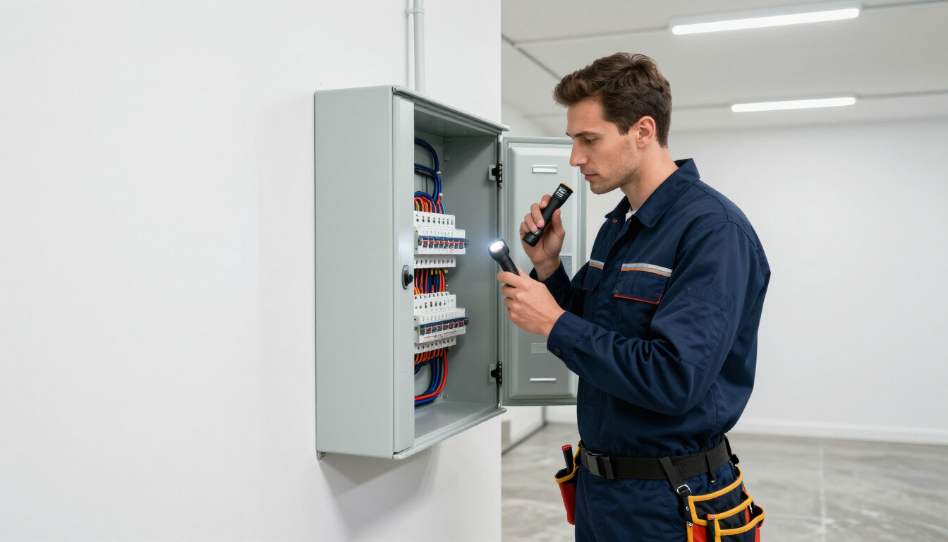 Electrician inspecting a home electrical panel upgrade