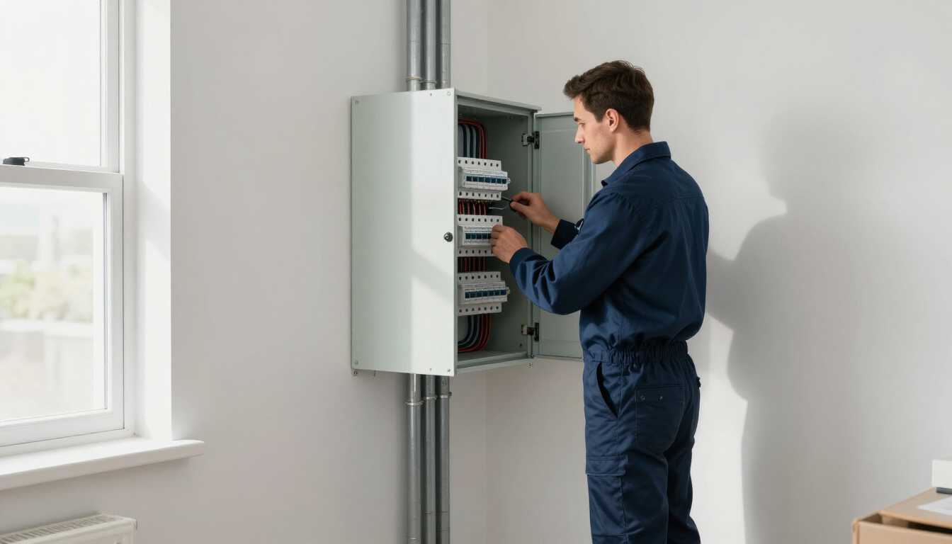 Electrician inspecting a home electrical panel