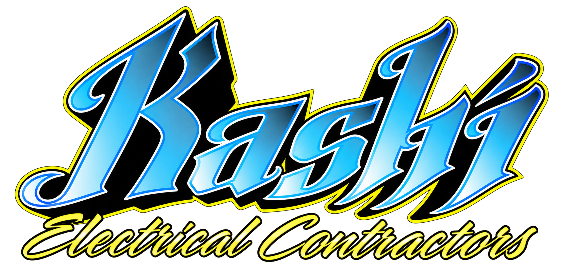Stylized blue-and-black graffiti logo reading “Kashi” on a white background