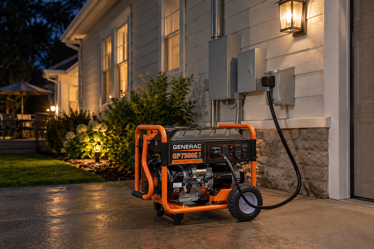 Portable generator outside a house at night, plugged into the wall and running beside the driveway.