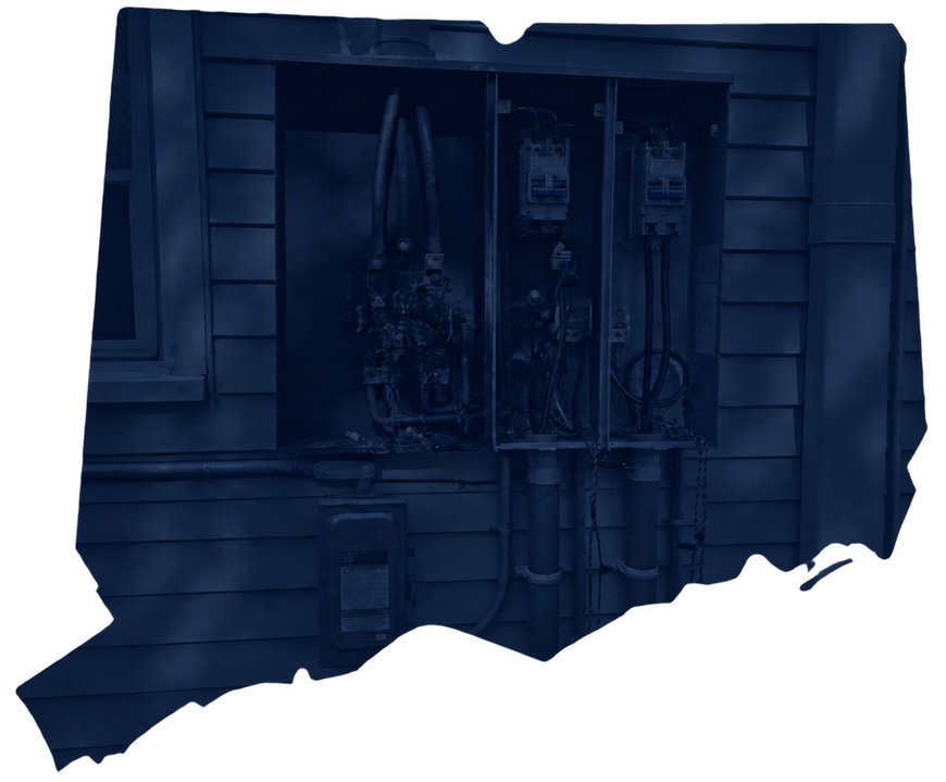 Dark blue-tinted view of a house wall with hanging tools and a torn paper-edge border