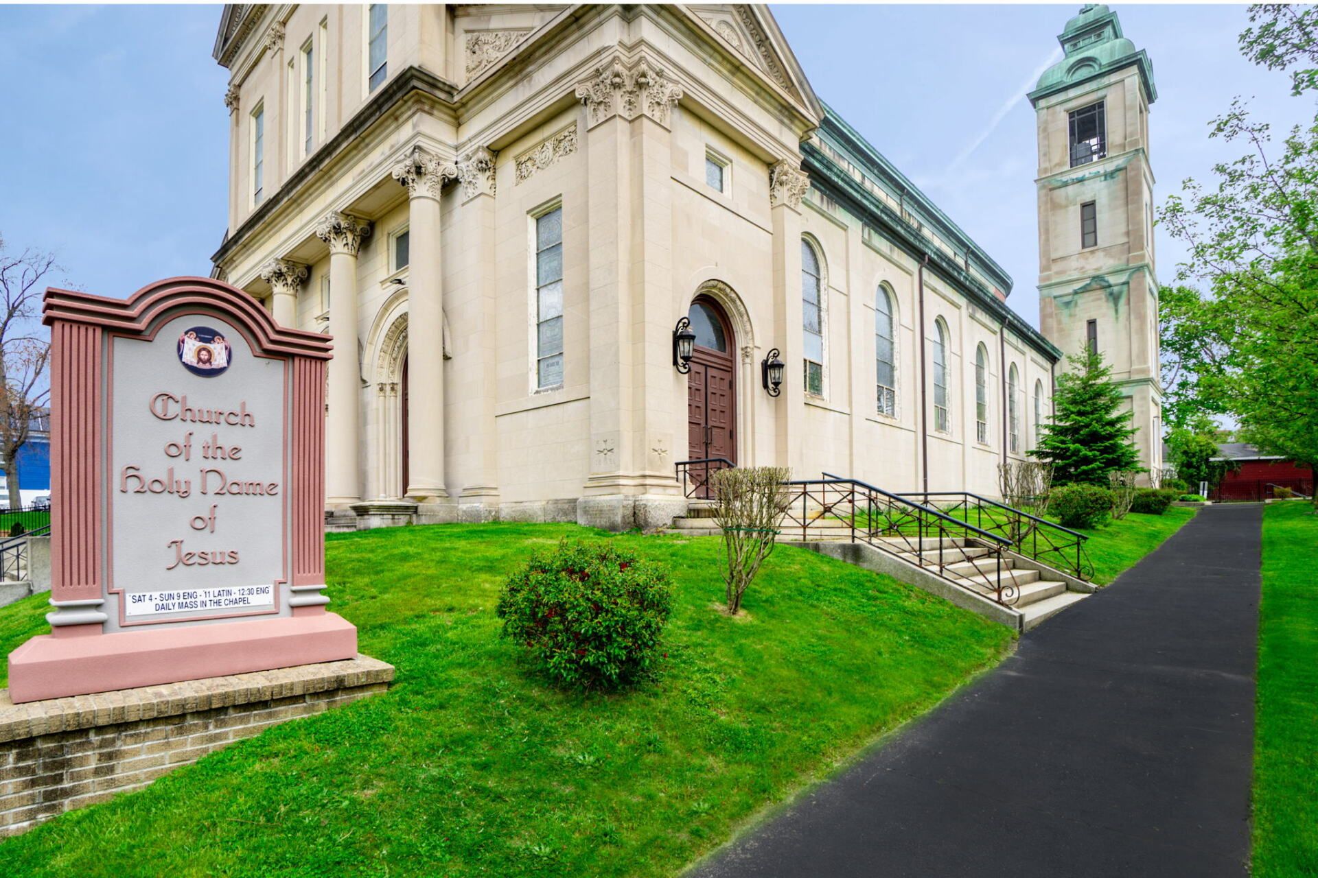 a church with a new paved driveway