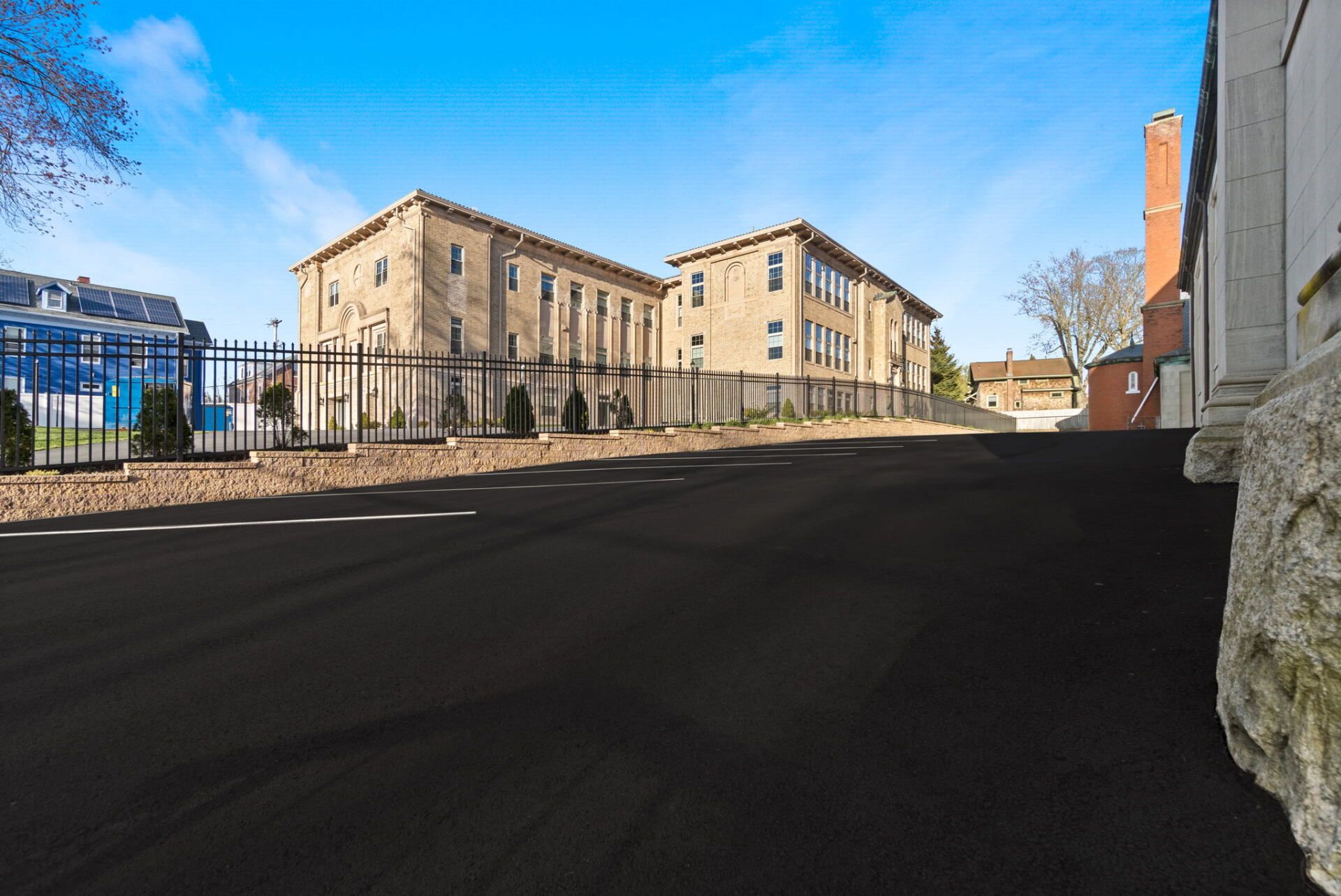a church with a new paved driveway