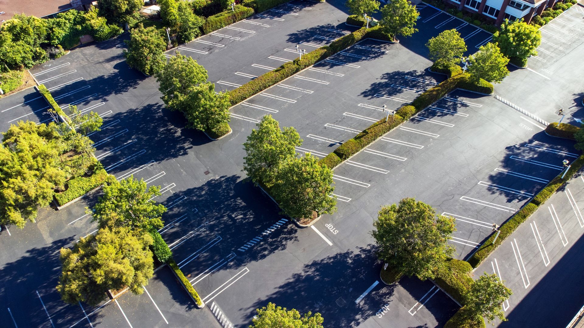 Aerial view of an empty parking lot with rows of marked spaces, and trees in between.