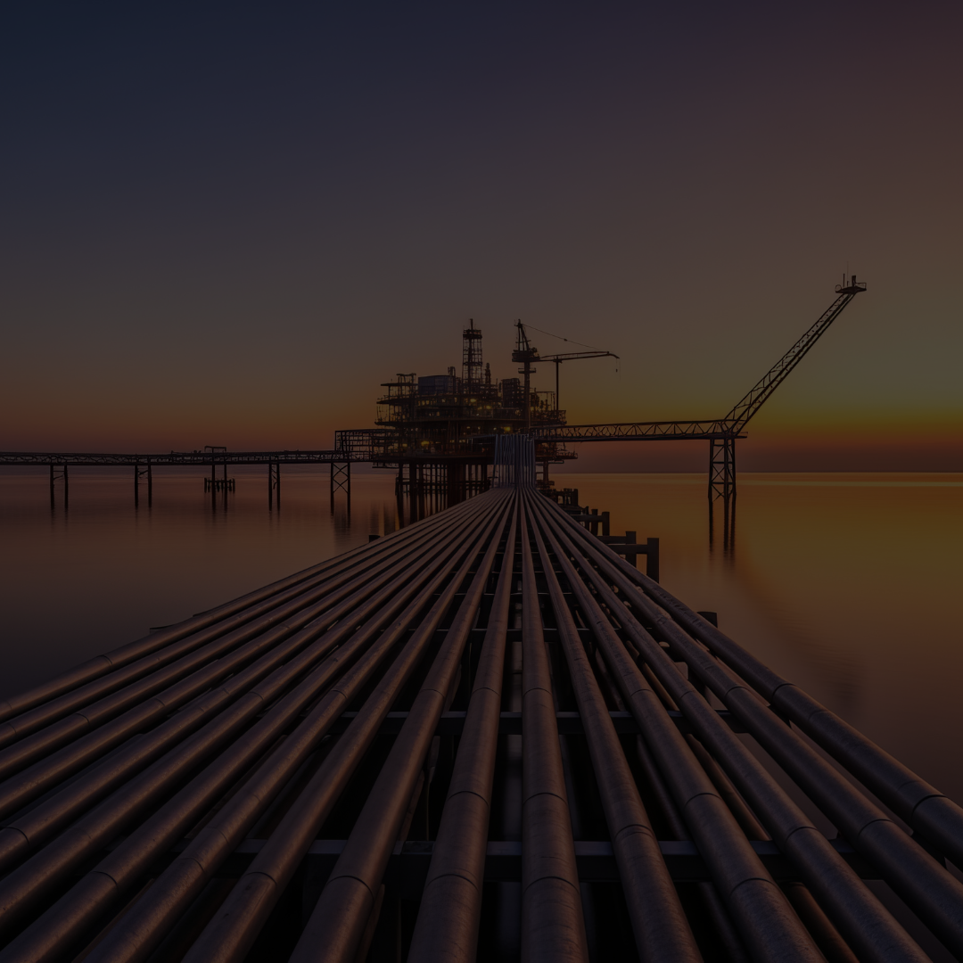 Industrial oil platform at dusk, with long pipelines leading over calm water under a dark sky