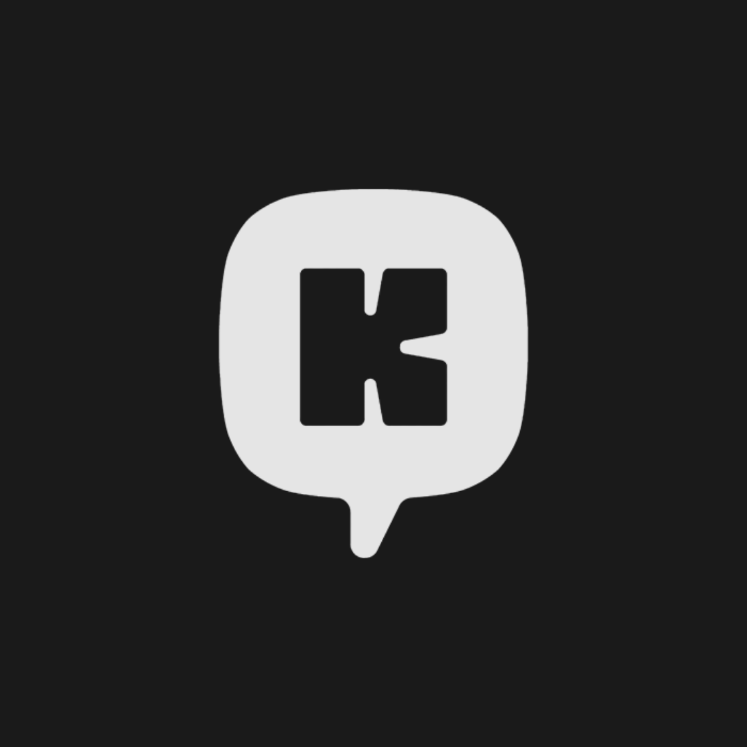 White speech bubble logo with a black “K” on a dark background