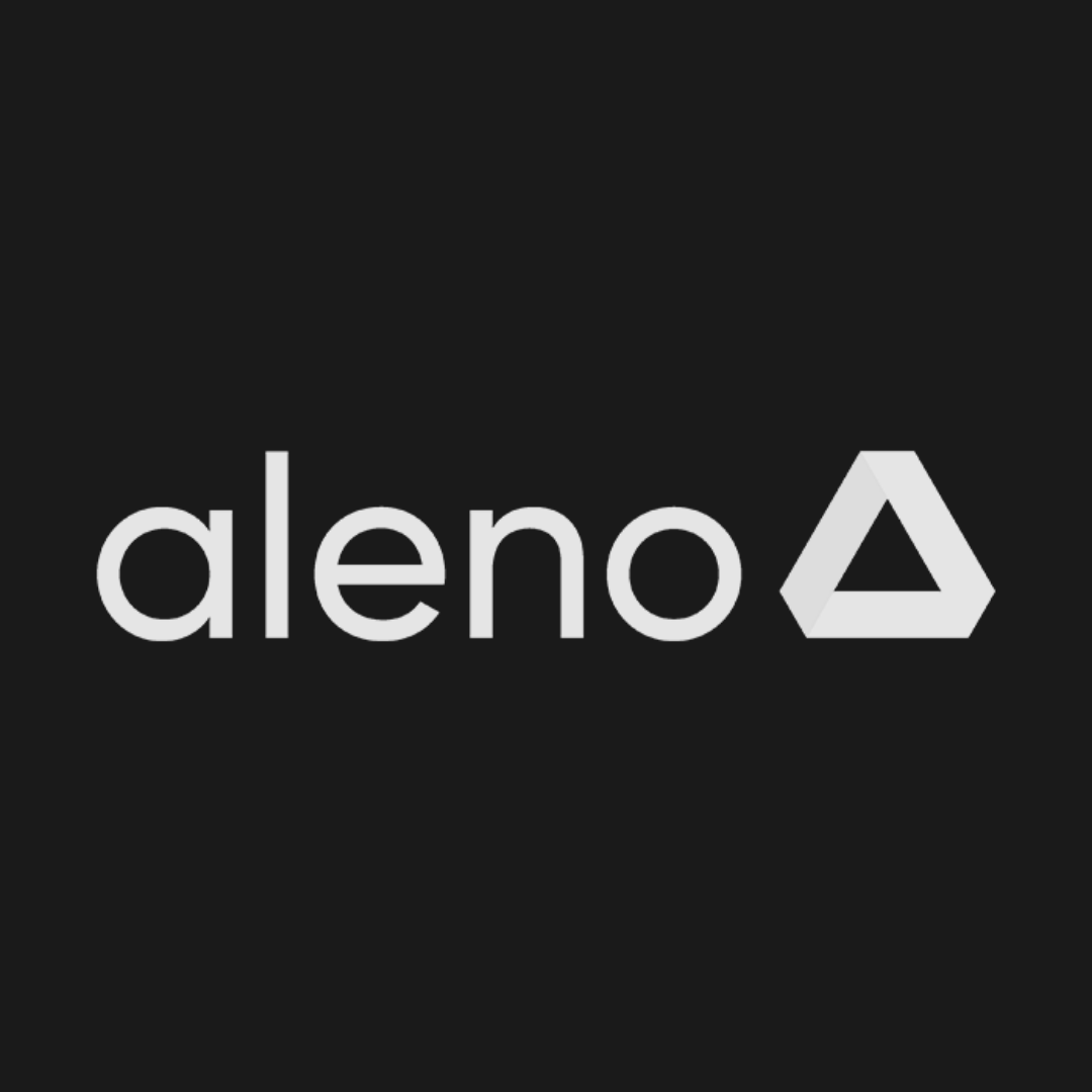 White “aleno” logo with geometric triangle icon on a dark background