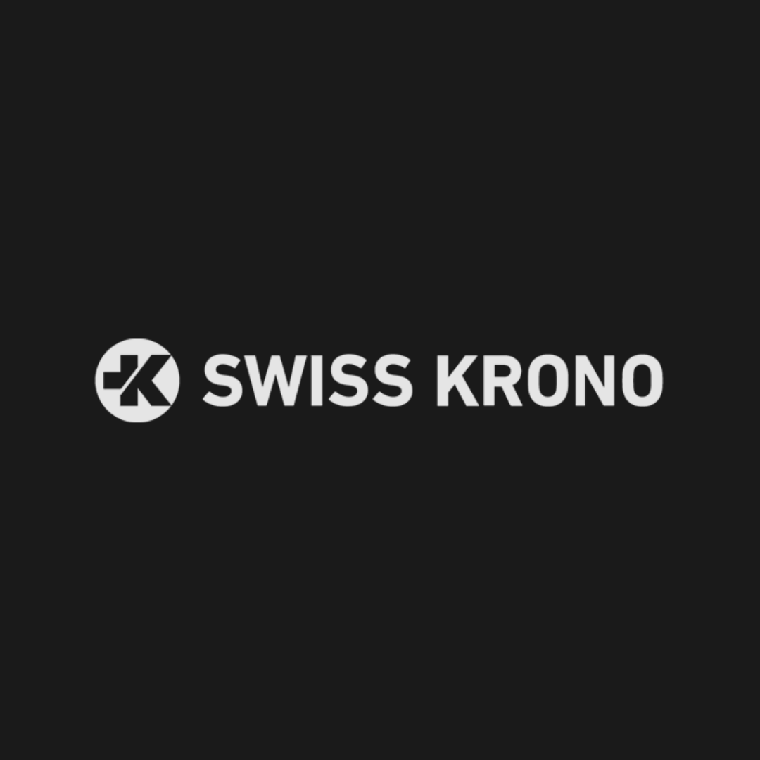 SWISS KRONO logo in white on a dark background