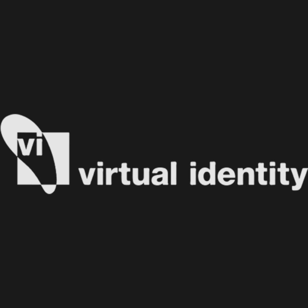 Virtual Identity logo on a black background, with white text and a stylized “vi” icon