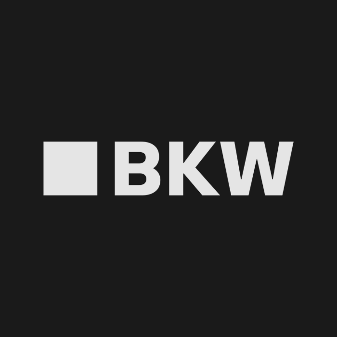 White square logo next to bold white “BKW” on a dark background