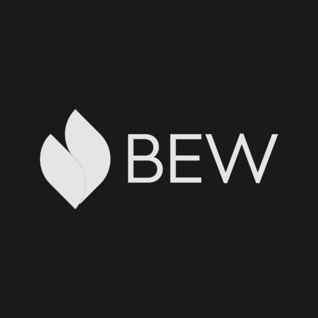 BEW logo with a white leaf icon on a dark background