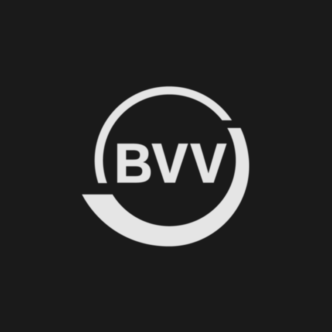 BVW logo in white on a black background, with a circular swoosh around the letters