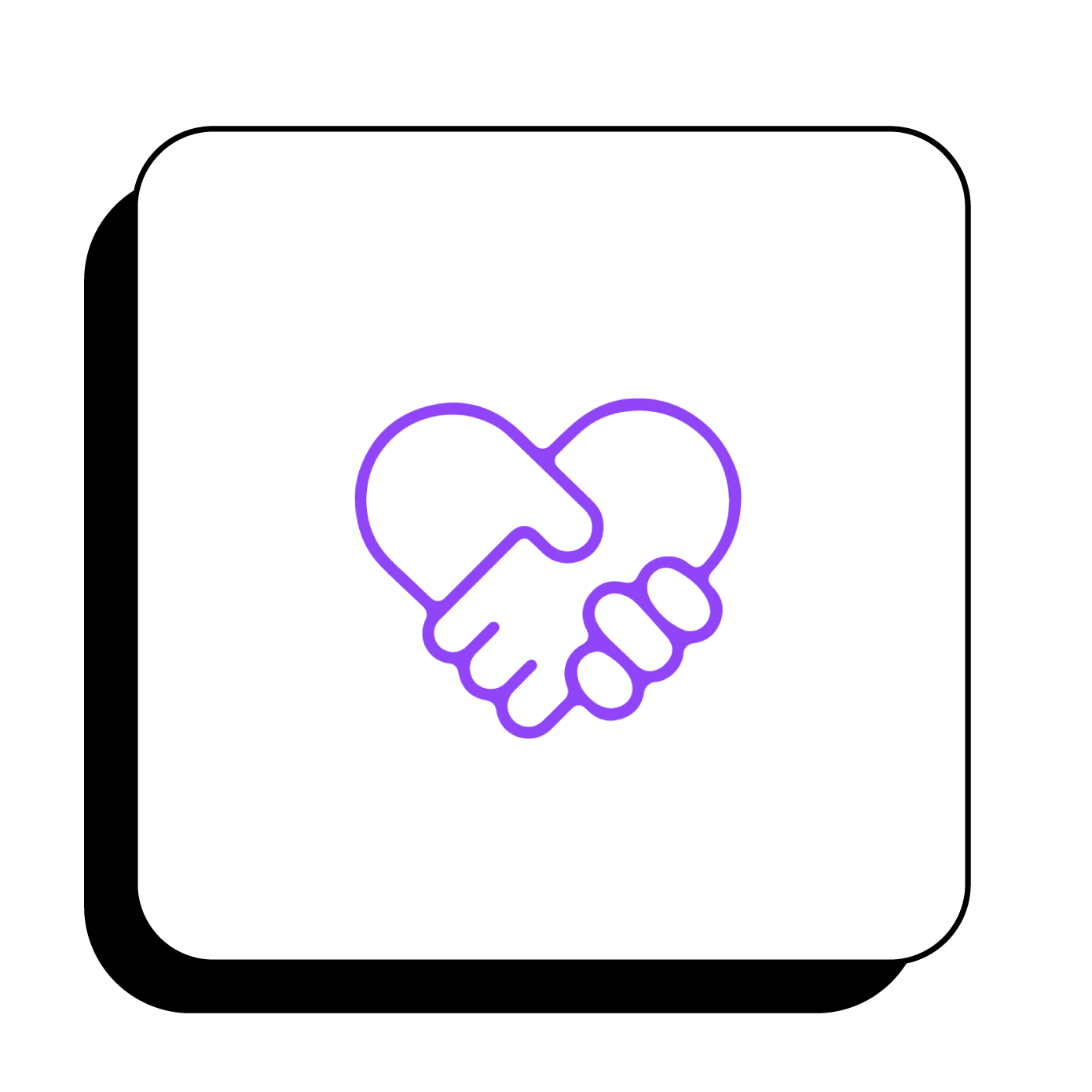 Purple line-art heart formed by two hands in a handshake on a white rounded square icon with black shadow