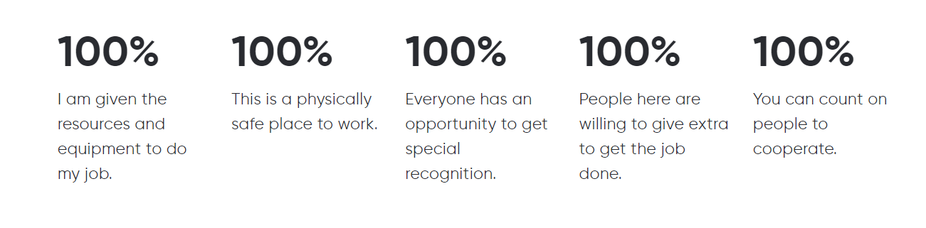 Five small cards showing 100% scores with tiny blue and gray text underneath.