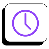 Purple clock icon inside a rounded white square with a black shadow.