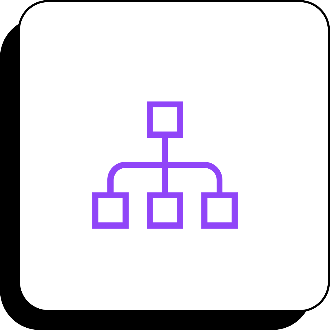 Purple organization chart icon with one top box connected to three lower boxes on white background
