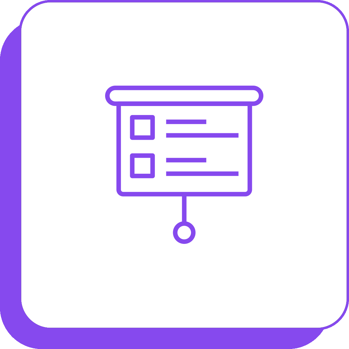 Purple presentation screen icon on a white rounded square background