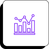 Purple analytics chart with bars and a line graph on a white rounded square background