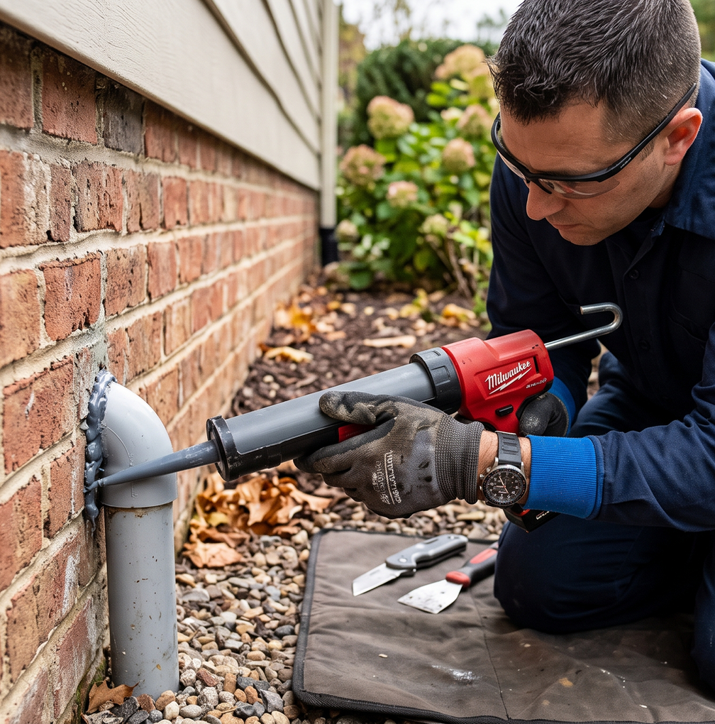 Technician using a red drill to clear a pipe beside a brick house