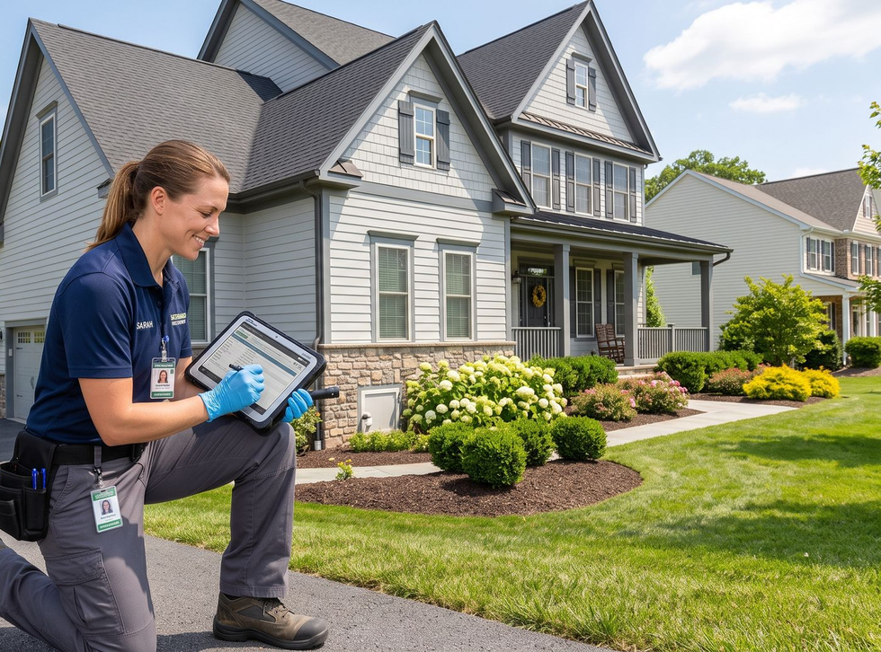 Technician kneels with tablet outside a suburban house, inspecting the lawn and exterior.