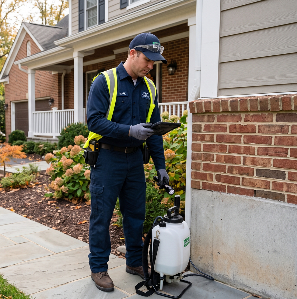 Worker in navy uniform spraying pesticides beside a brick house porch
