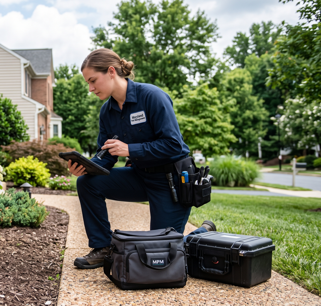 Technician kneels on a sidewalk, checking a tablet beside tool bags in a suburban yard