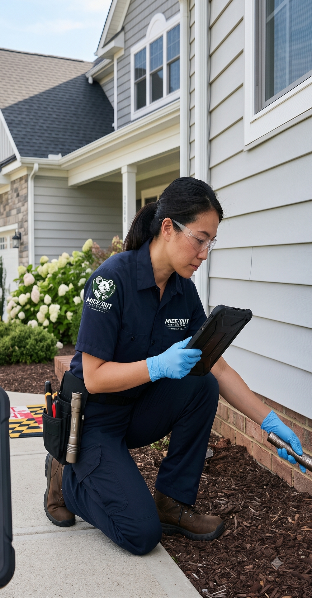 Technician kneeling beside a house, inspecting siding with a tablet and blue gloves.