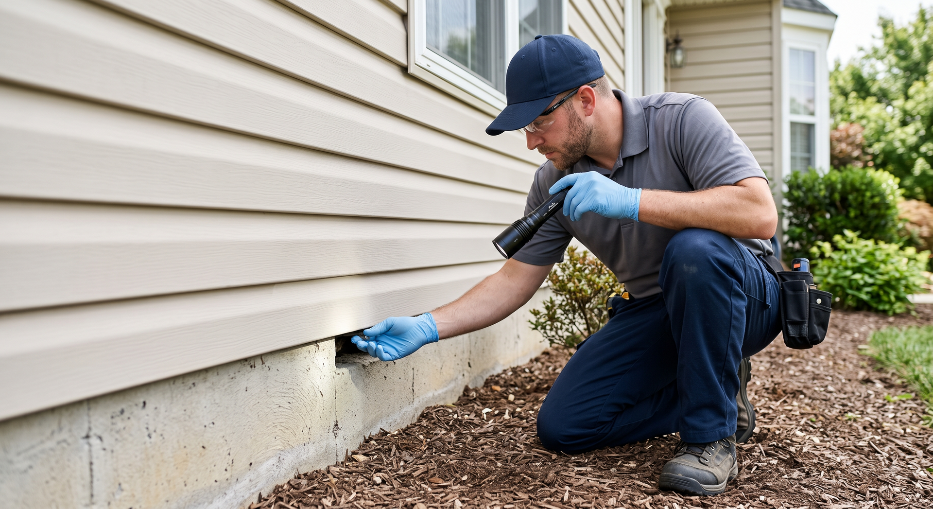 Man kneeling by house siding, applying repair caulk near the foundation with a putty knife.