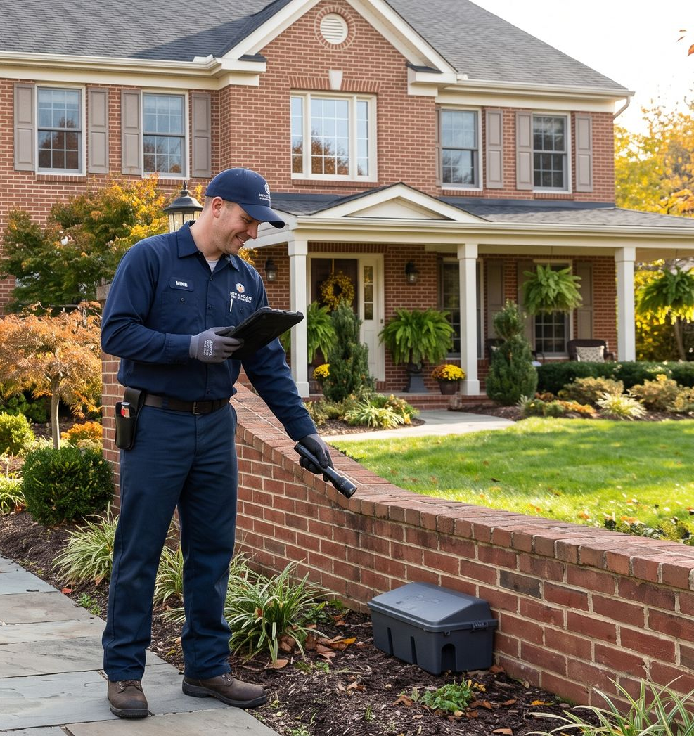 Technician inspecting a brick wall and utility box outside a suburban brick house
